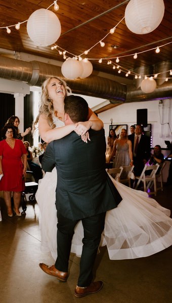 Newlyweds dancing together at their reception