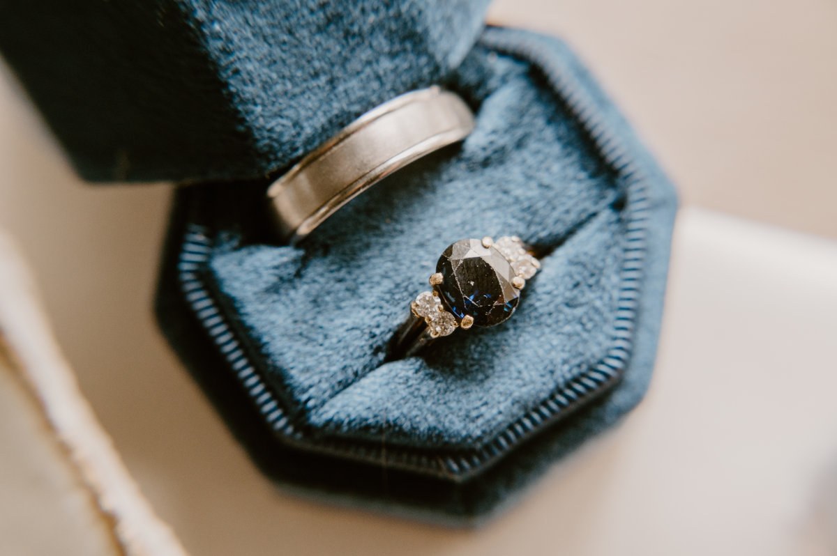 Wedding rings in a blue velvet ring box